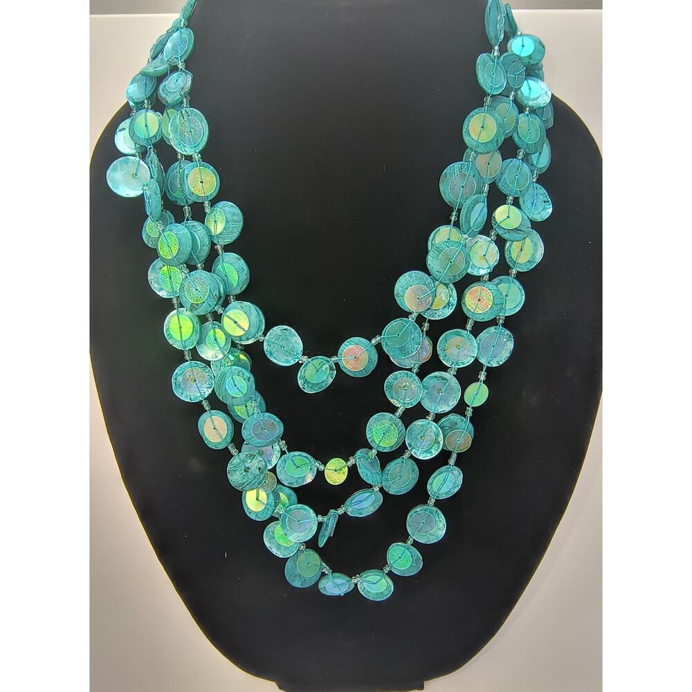 Multi-Strand Necklace w/ Teal Abalon Shell Iridescent Discs